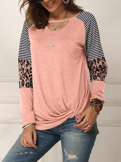 Leopard Print Striped Stitching Knoted T-shirt