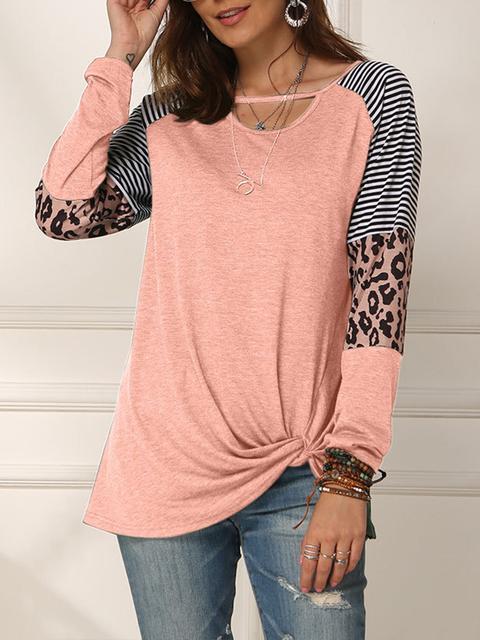 Leopard Print Striped Stitching Knoted T-shirt