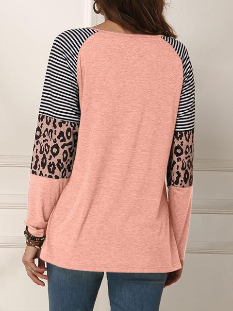 Leopard Print Striped Stitching Knoted T-shirt