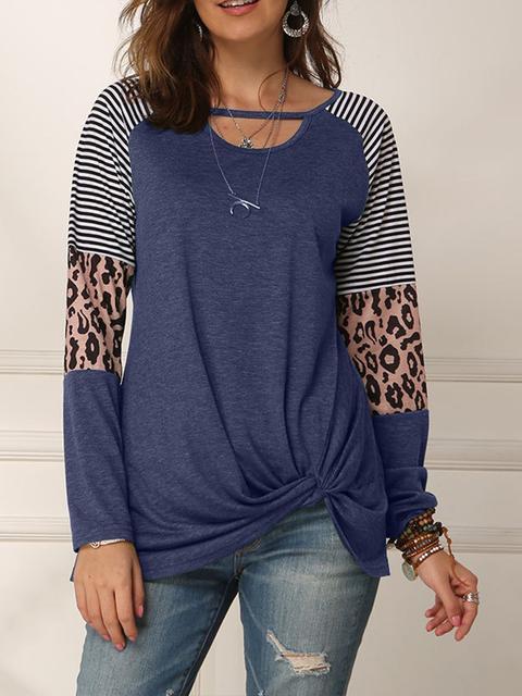 Leopard Print Striped Stitching Knoted T-shirt