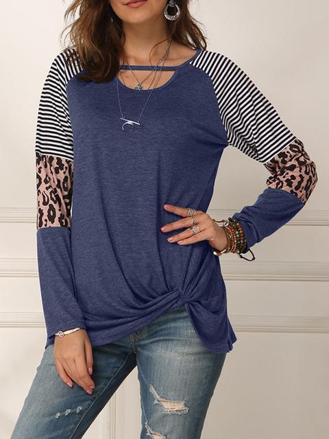 Leopard Print Striped Stitching Knoted T-shirt