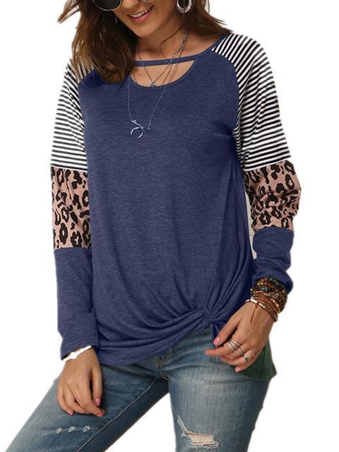 Leopard Print Striped Stitching Knoted T-shirt