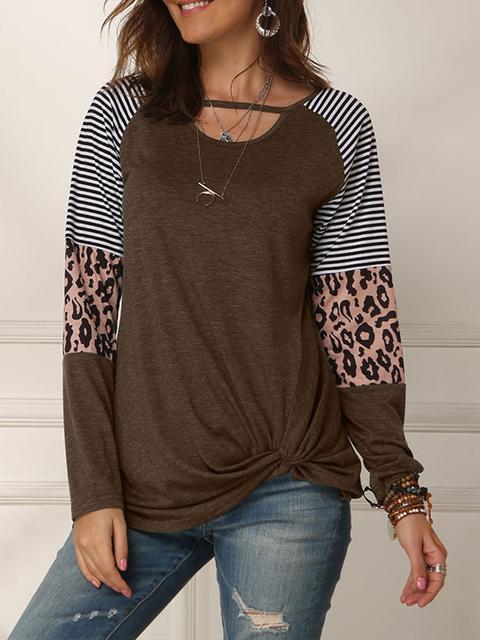 Leopard Print Striped Stitching Knoted T-shirt