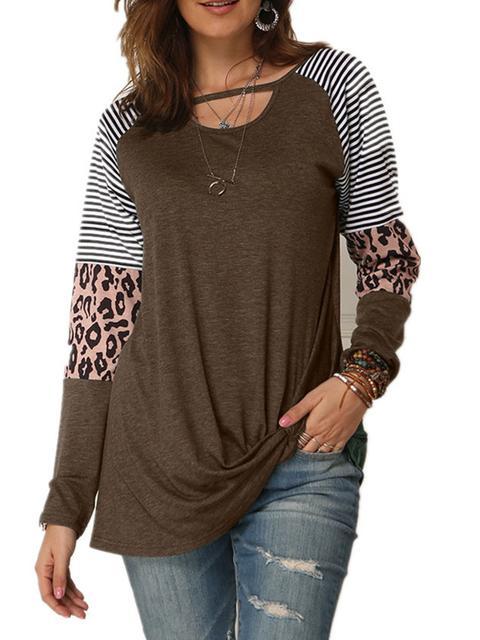 Leopard Print Striped Stitching Knoted T-shirt