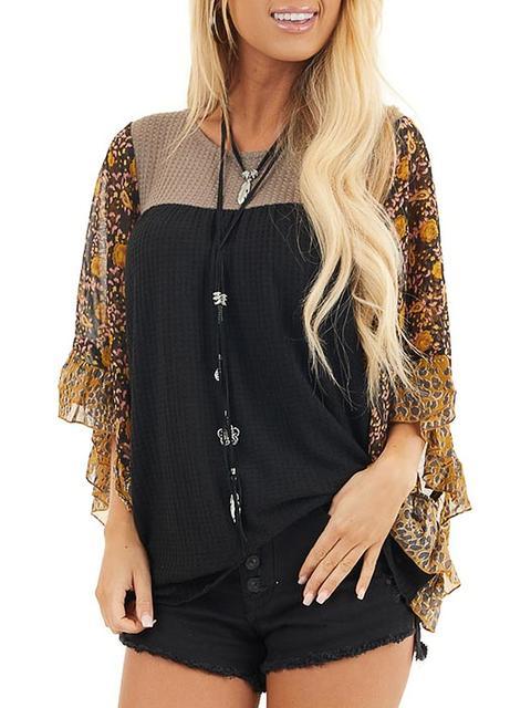 Floral Chiffon Sleeve Waffle Knit Blouse