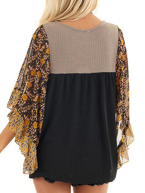 Floral Chiffon Sleeve Waffle Knit Blouse