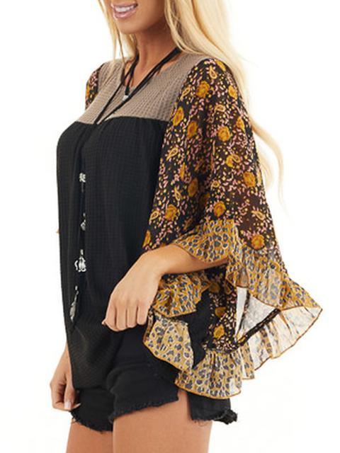 Floral Chiffon Sleeve Waffle Knit Blouse