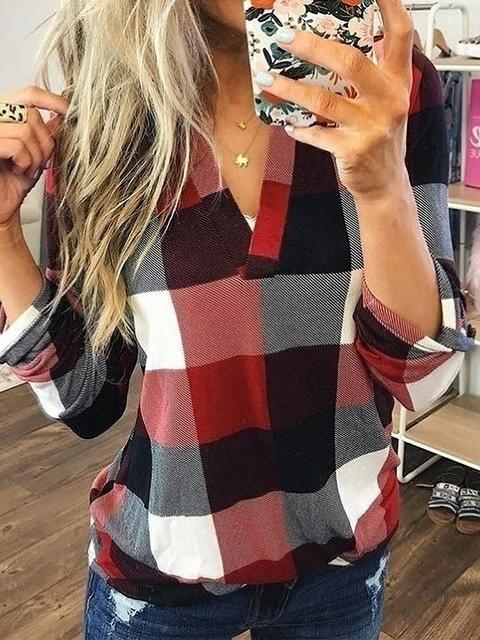 Plaid Tunic V Neck Casual Tops