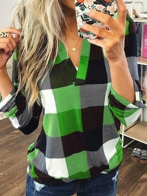 Plaid Tunic V Neck Casual Tops