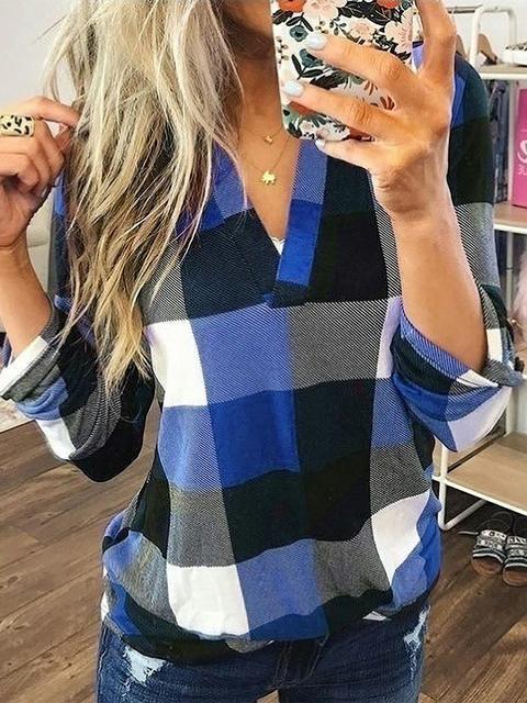 Plaid Tunic V Neck Casual Tops