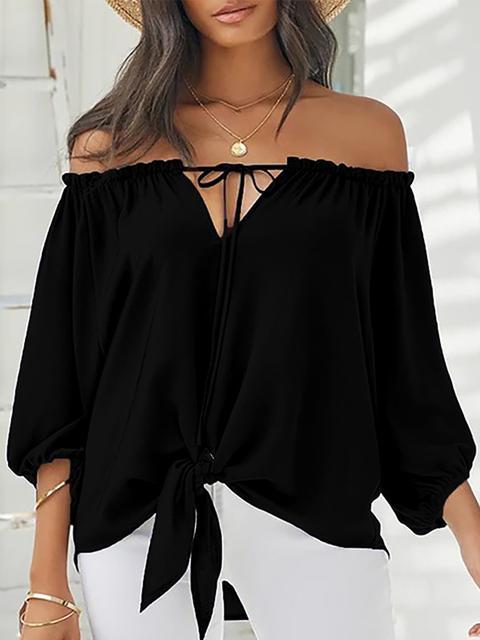 Off The Shoulder Long Sleeve Belt Blouse