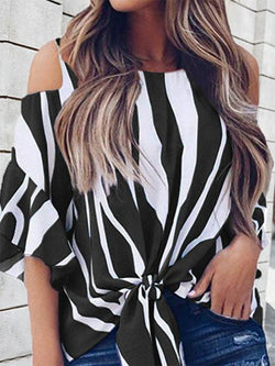 Striped Flare Sleeve Belt Blouse