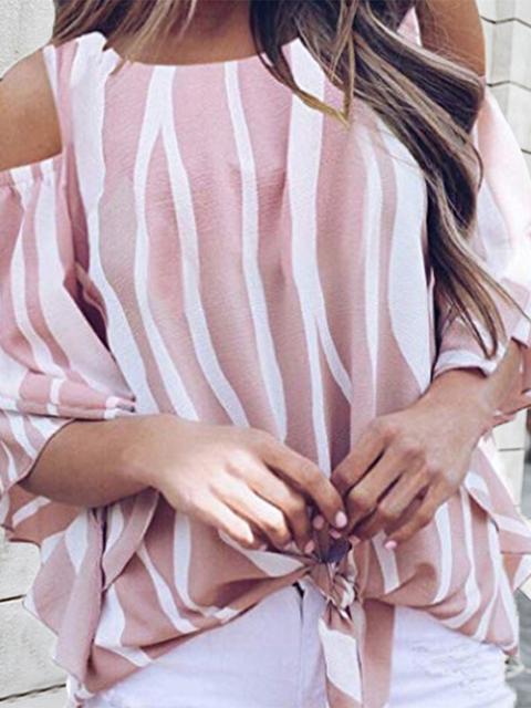 Striped Flare Sleeve Belt Blouse