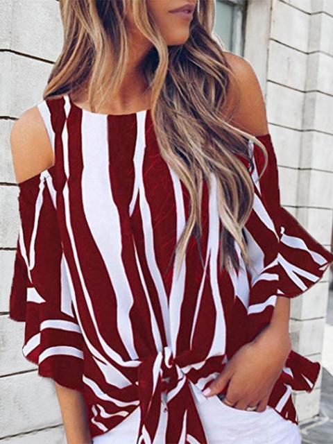 Striped Flare Sleeve Belt Blouse