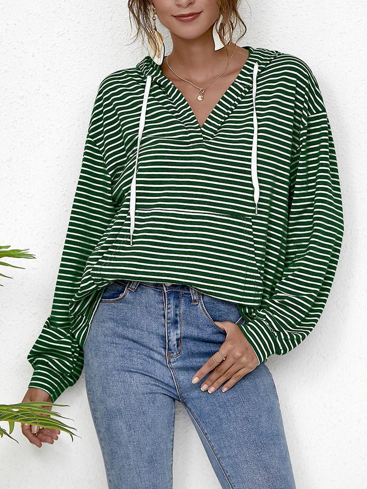 Striped Pocket Drawstring Loose Hoodie