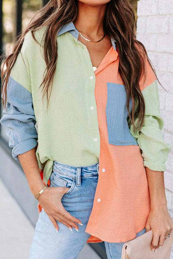 Color Block Textured Button Shirt with Pocket