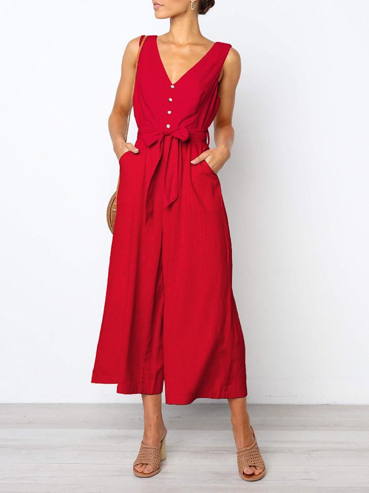 V-neck Solid Color Wide Leg Jumpsuit