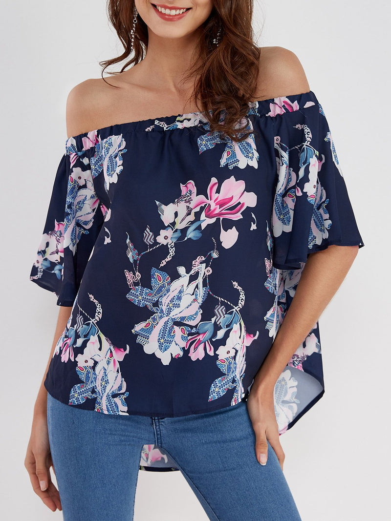 Floral Off Shoulder Blouse Irregular Hem - Landing Closet