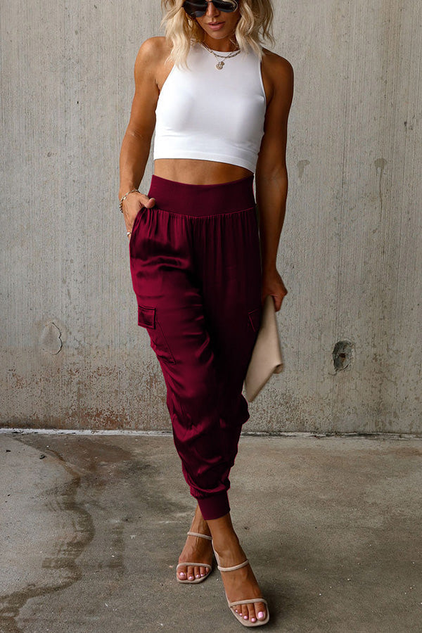 Satin High Waist Pocketed Joggers