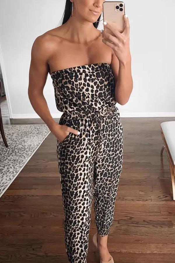 Pocketed Off The Shoulder Leopard Jumpsuit