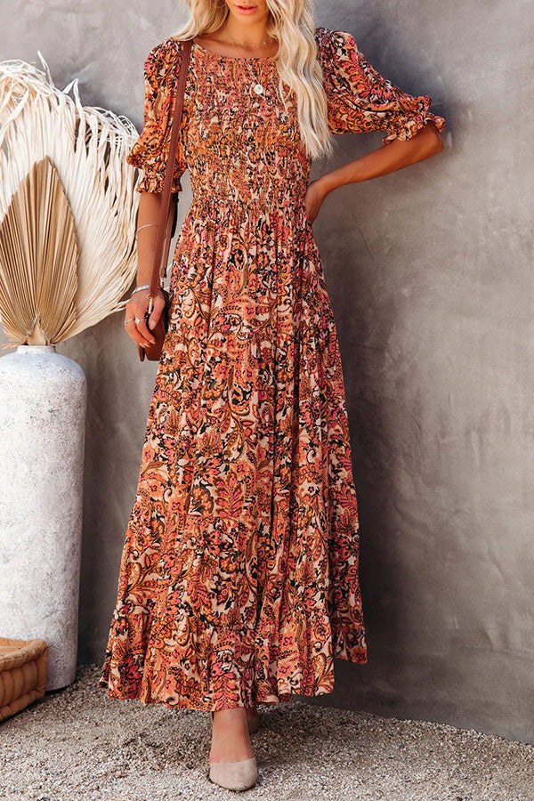 Autumn Grace Smocked Paisley Maxi Dress