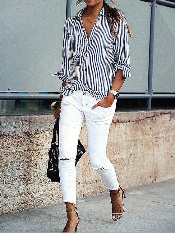 Blue Casual Striped Button-Down Shirt - Landing Closet