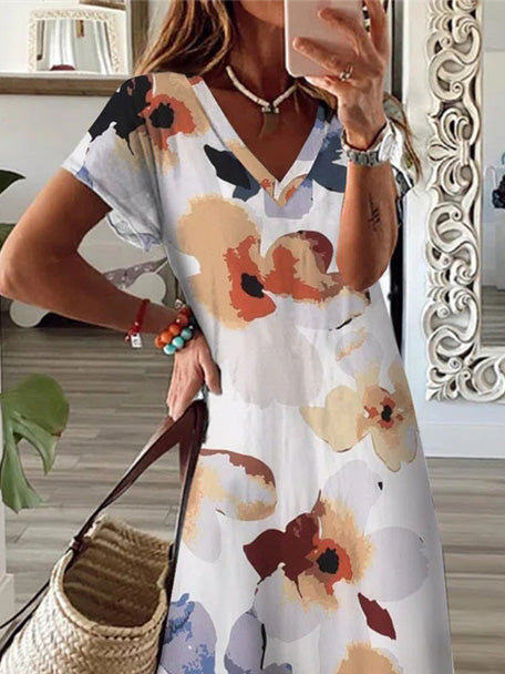 Women's Dresses Floral Print V-Neck Short Sleeve Slit Dress