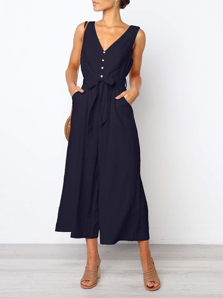 V-neck Solid Color Wide Leg Jumpsuit