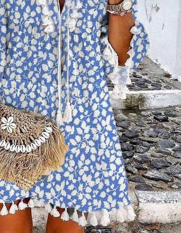 Chic Blue Printed V-Neck Loose Tassel Dress-