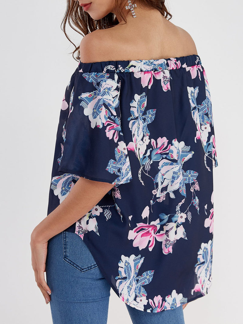 Floral Off Shoulder Blouse Irregular Hem - Landing Closet