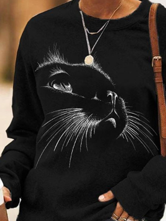 Women's T-Shirts Casual Cat Print Long Sleeve T-Shirt