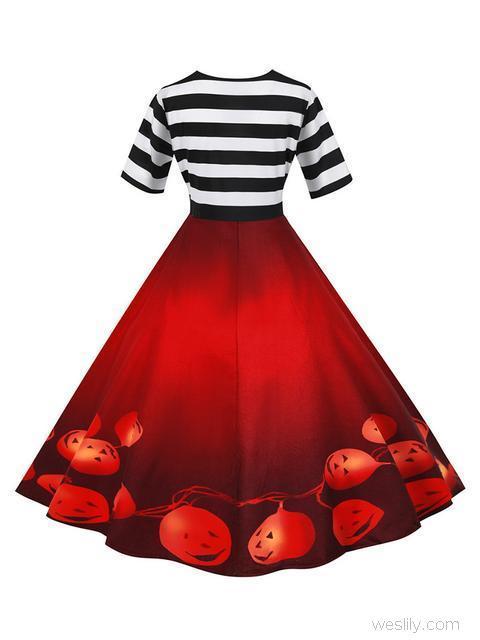 Stripes Print Pumpkin Halloween Dress