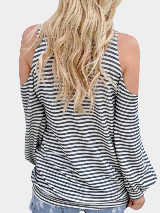 Stripe Cold Shoulder Long Sleeves T-shirt