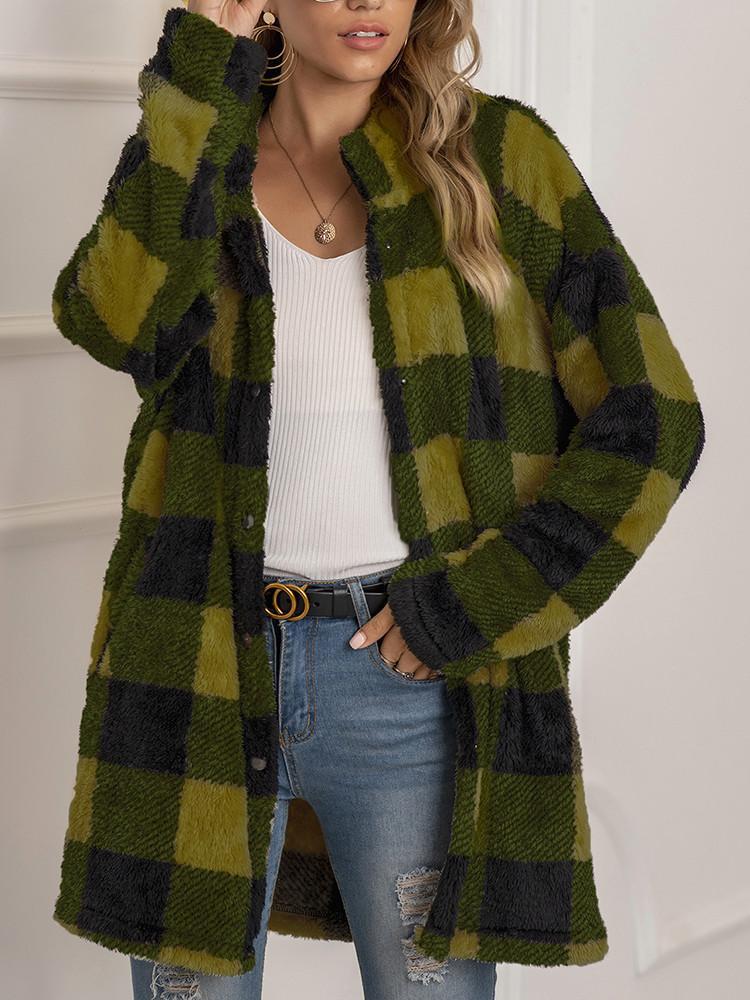 Plush Plaid Lapel Button Loose Coat