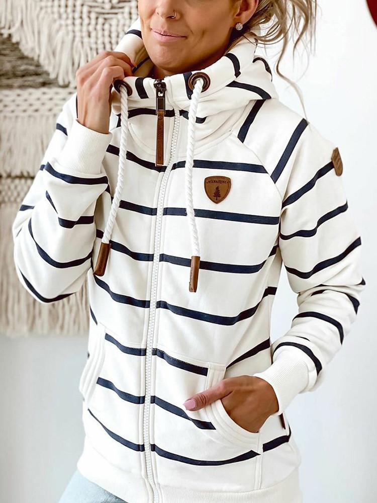 Pocket Striped Turtleneck Drawstring Coat