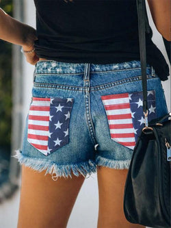 American Flag Printed Ripped Denim Shorts