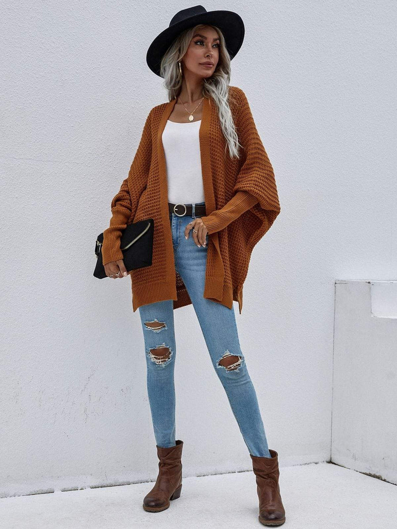 Waffle Knit Open Front Cardigan Sweater