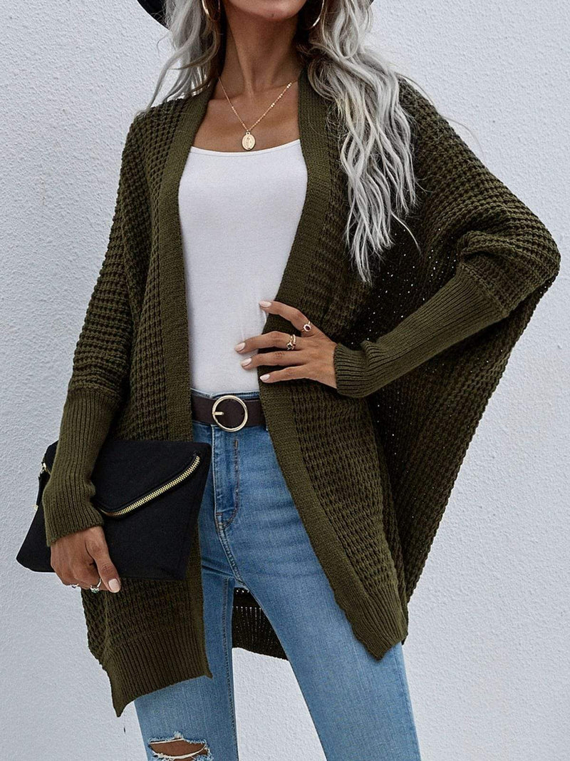 Waffle Knit Open Front Cardigan Sweater