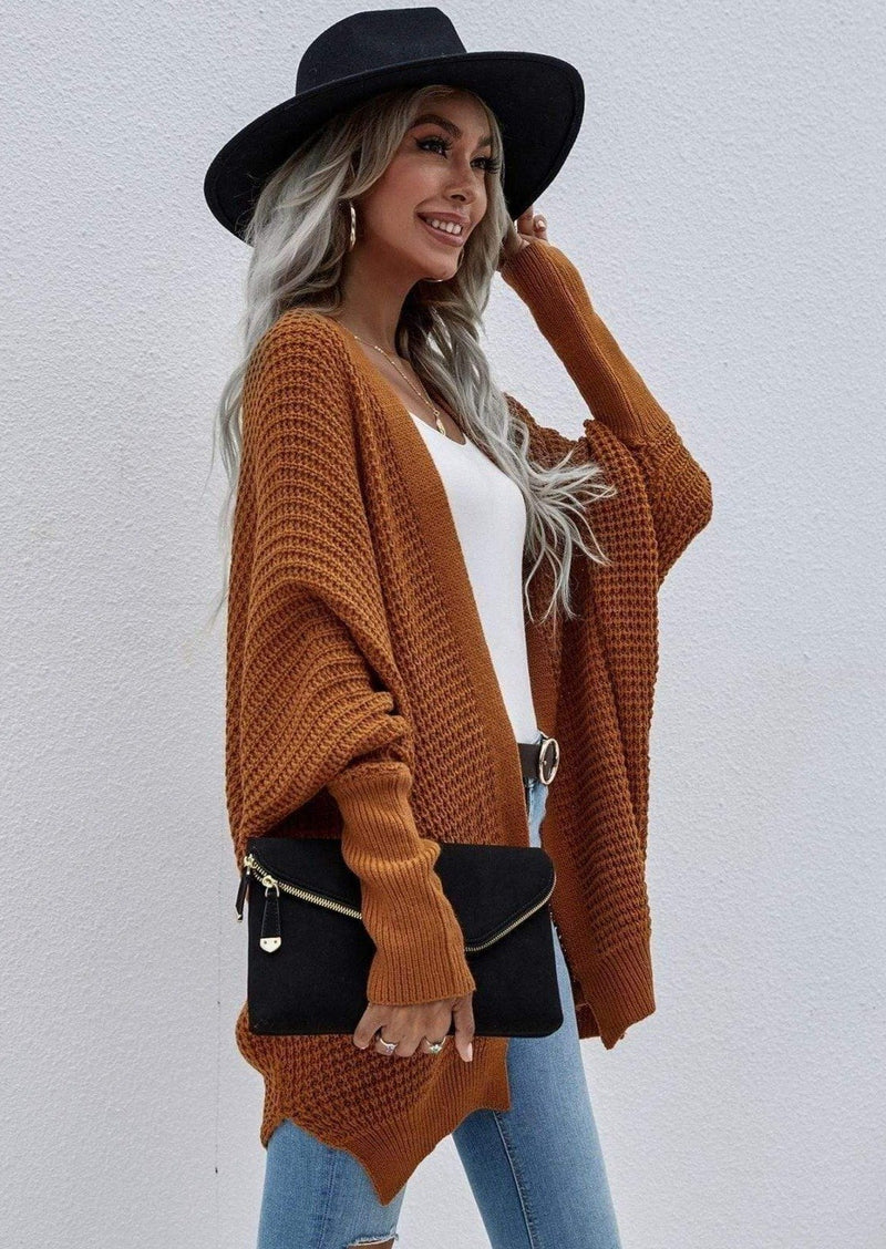 Waffle Knit Open Front Cardigan Sweater