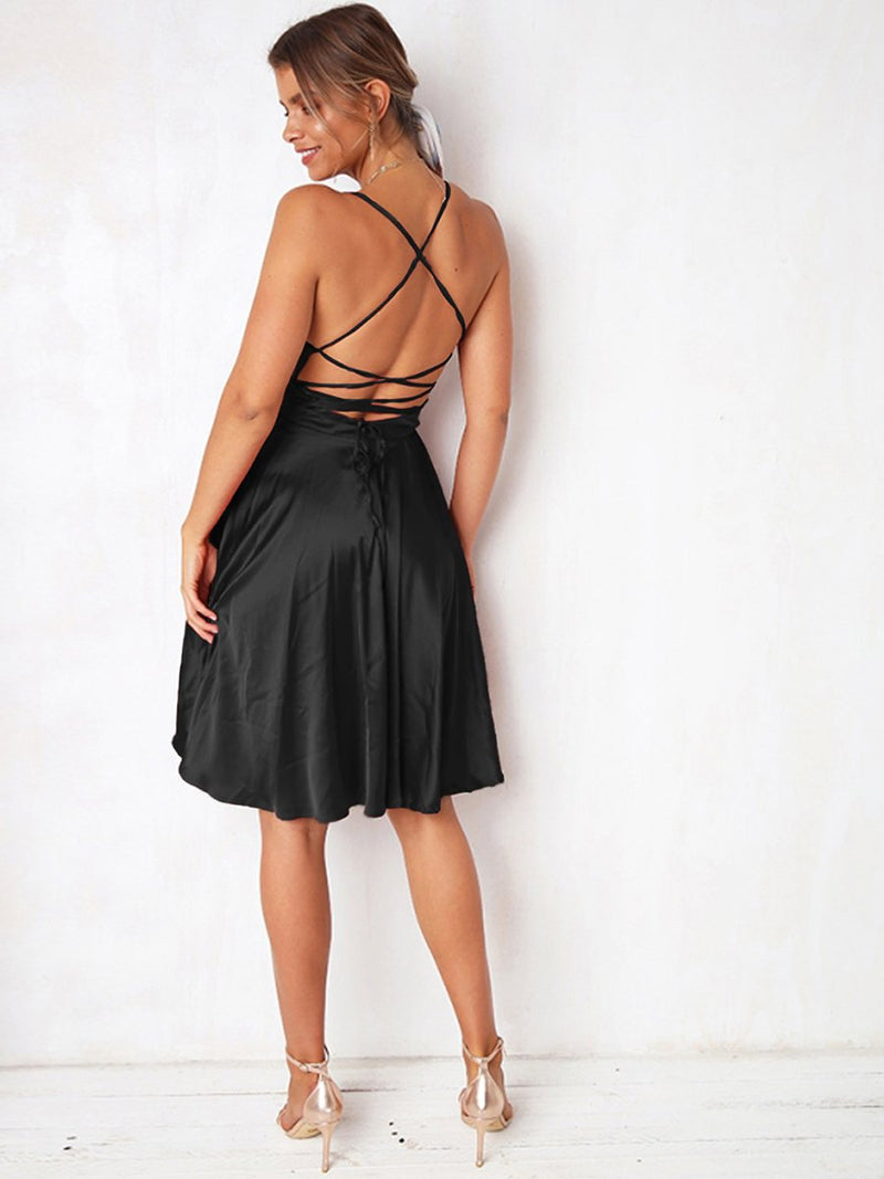 Black Sleeveless Plain Sexy Scoop Neck Backless Dress - Landing Closet