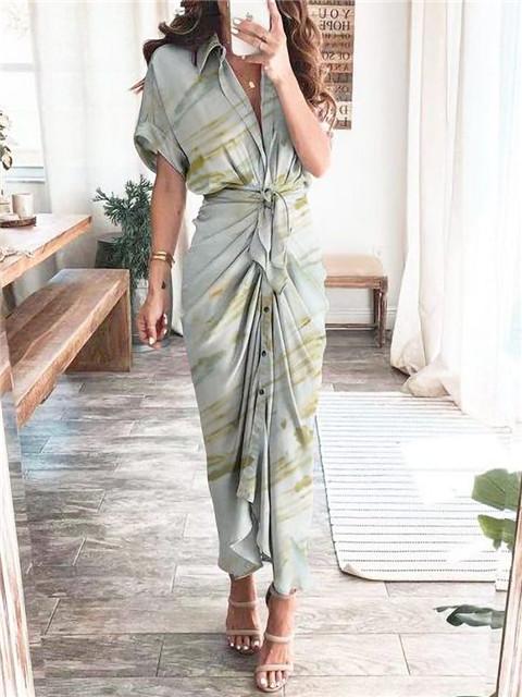 Short Sleeve Collar Sleeve Button Down Maxi Dress