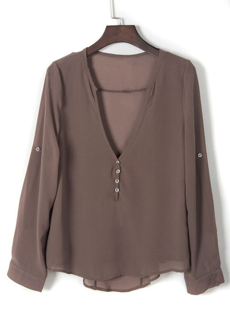 V Neck Long Sleeve Solid Irregular Blouse