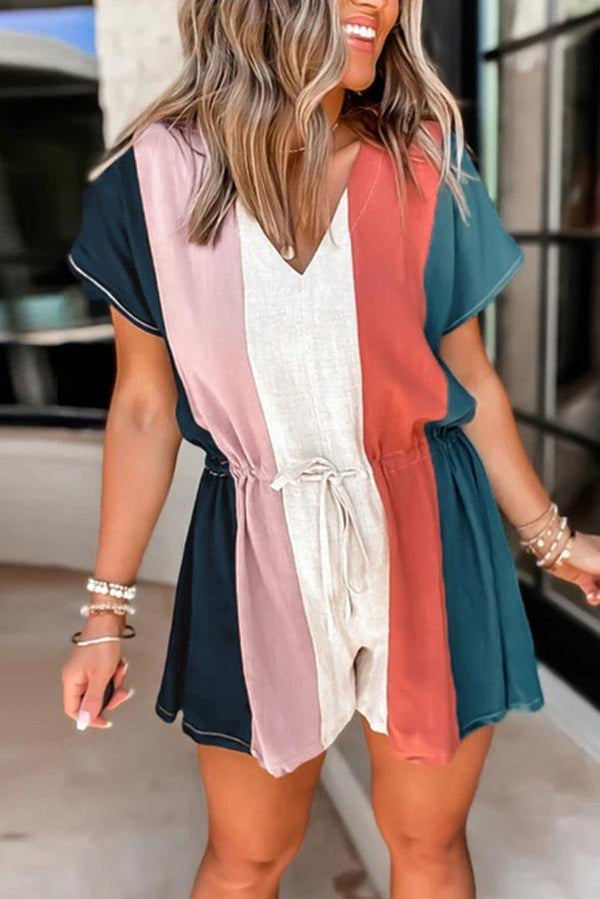 Linen Color Block Casual Romper