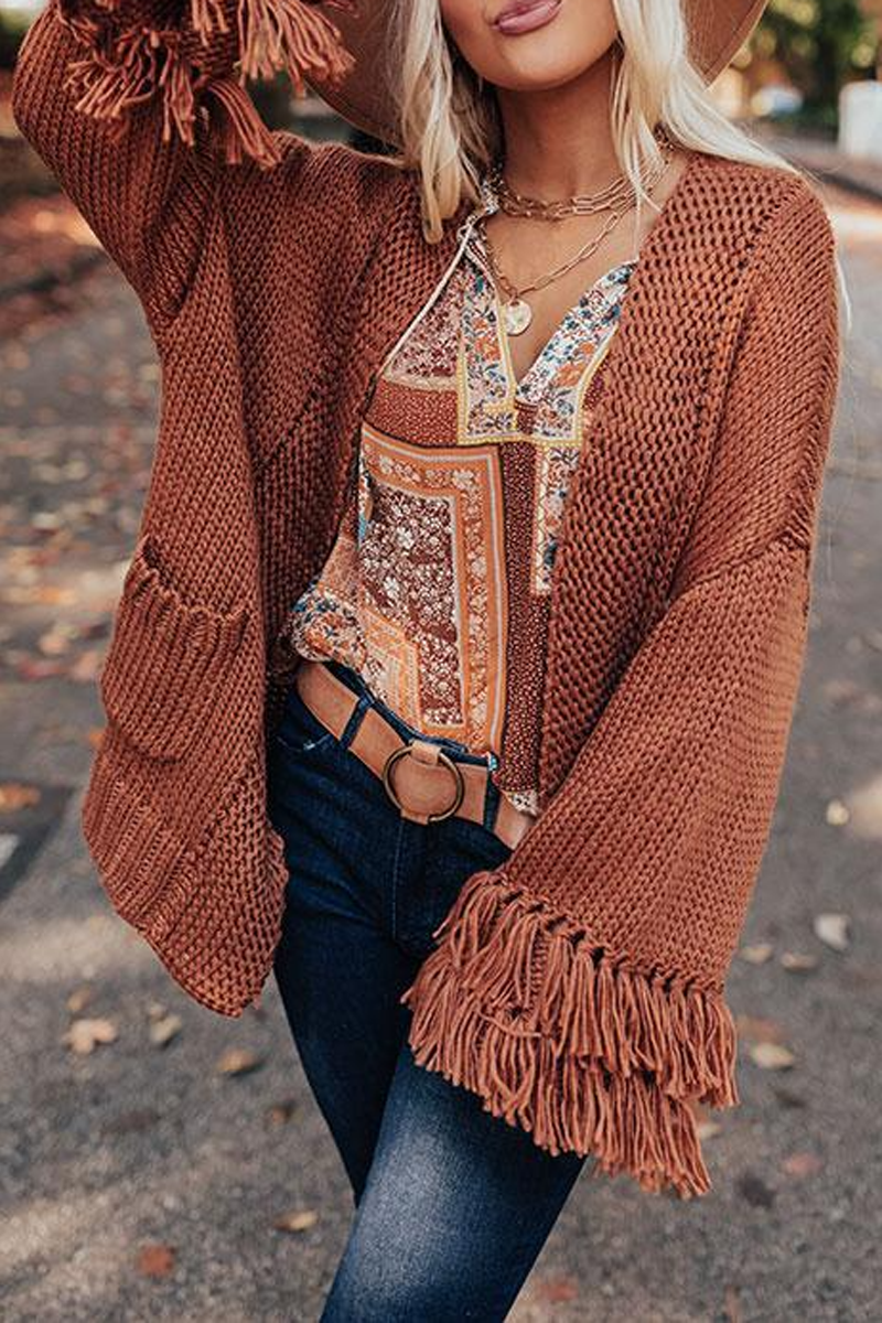 Solid Double Pockets Tassel Cardigan