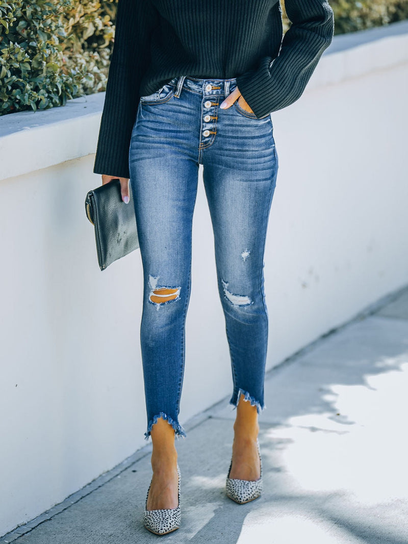 Cut Out Knees High Low Cropped Skinny Jeans