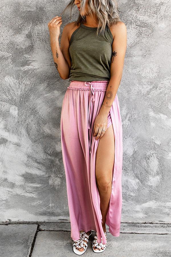 Adjustable Drawstring Waist Silky Maxi Skirt