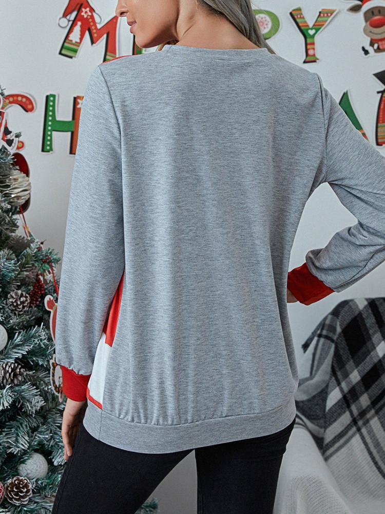 Christmas Print Splicing Long Sleeve T-shirt