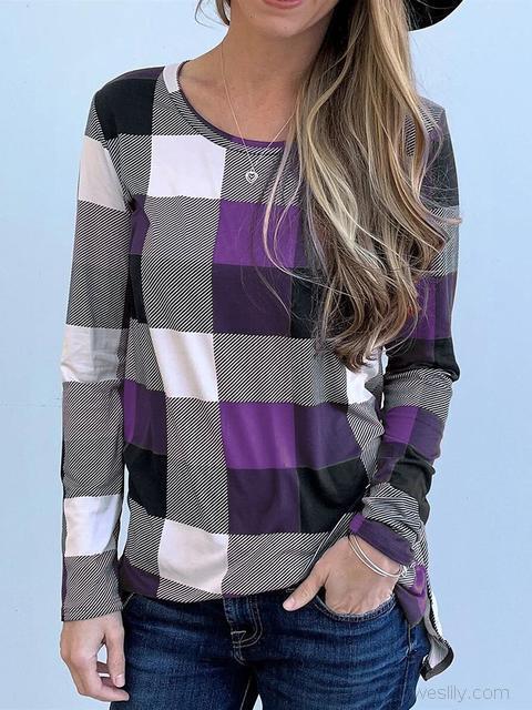 Long Sleeve Round Neck Plaid Print Tops