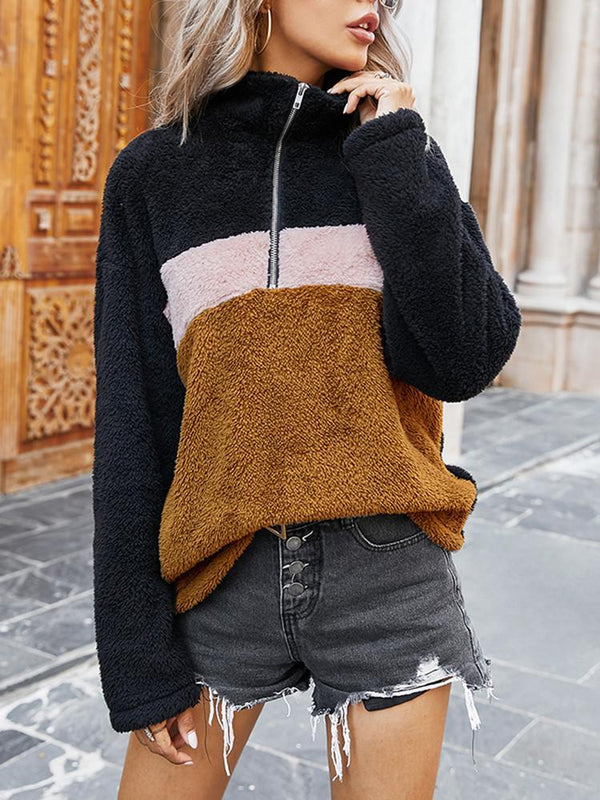 Color Matching Plush Half-zip Lapel Sweatshirt