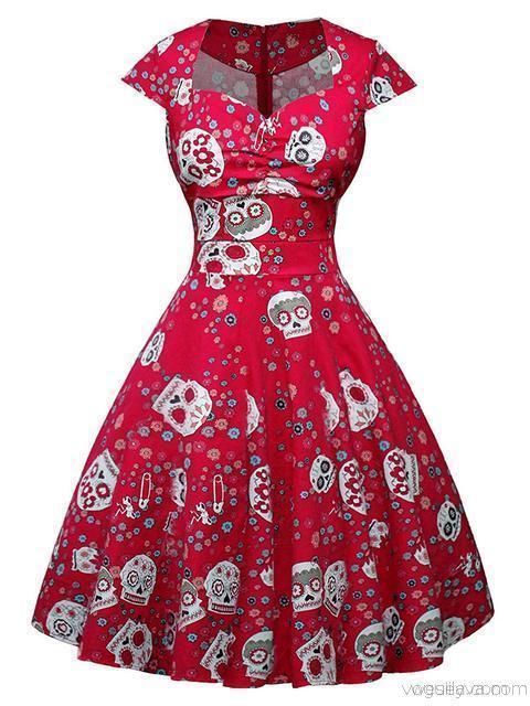 Halloween Vintage Skull Print Hepburn Dress